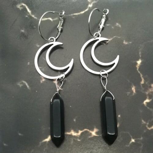 Black Agates Gothic Hoop Earrings with Moon-Gothic Earrings, Crystal Hoop Earrings, Celestial Earrings, Wiccan Jewelry
