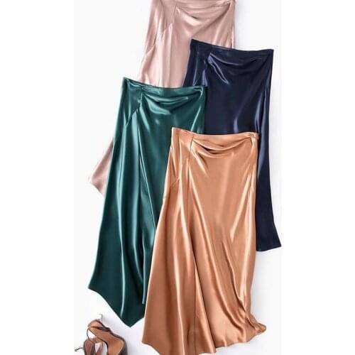 Silk Satin Skirts for Women 2021 New Spring Summer Womens Elegant Green High Waisted Midi Skirt Jupe Femme Faldas Saia Y396