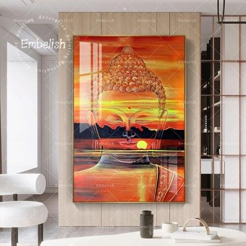 Embelish Lord Buddha With Sun And Lake Landscape Statue Wall Pictures For Living Room Home Decor Posters HD Canvas Painting Art
