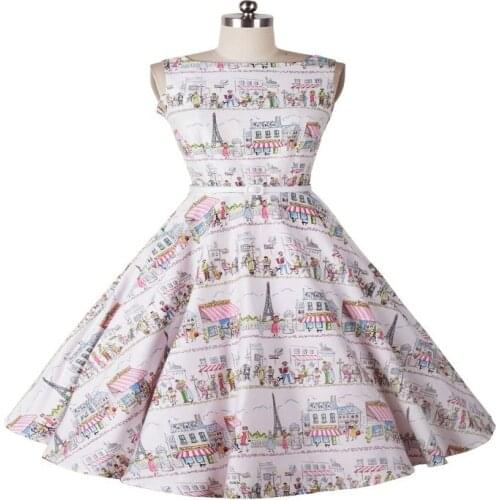 BunniesFairy Spring 50s Vintage Audrey Hepburn Style Retro Flower Print Slit Neckline Cotton Sleeveless Dress Vestidos Estampada