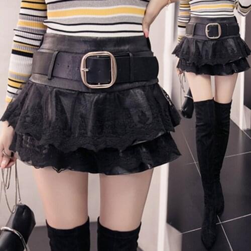 2020 autumn and winter new womens European and American lace PU short skirt sexy fashion puff skirt