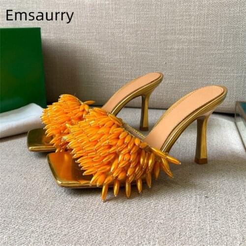 Quality Design Sewing String Bead Sandals Women Stiletto Heel Square Open Toe Slingbacks Multicolor Mules Summer