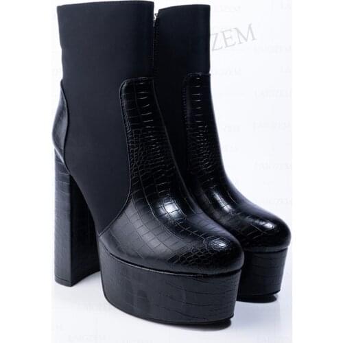 DOHBANER Women Ankle Platform Boots Black Patchwork Thick Heels Block Booties Femmes Bottes Ladies Shoes Woman Plus Size 38 43