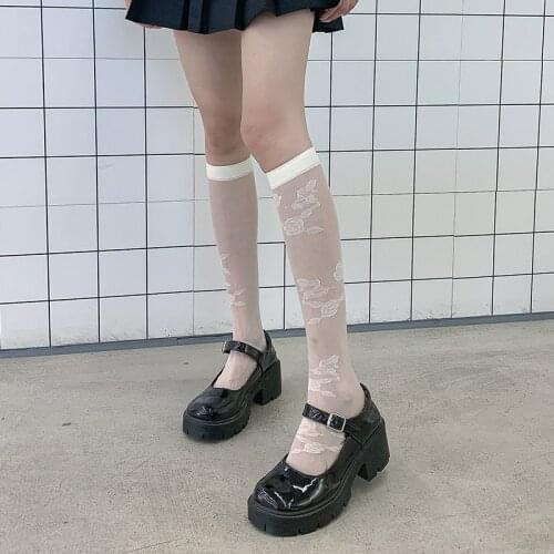 Woman Sexy embroidery Silk Stockings Women Transparent Long Stocking Summer Thin Jk High Knee Socks Leg Elastic Dress calcetines