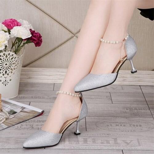 2020 sexy pointed toe high heels Rimocy elegant ladies shinning glitter gold silver pumps ankle strap wedding party shoes woman