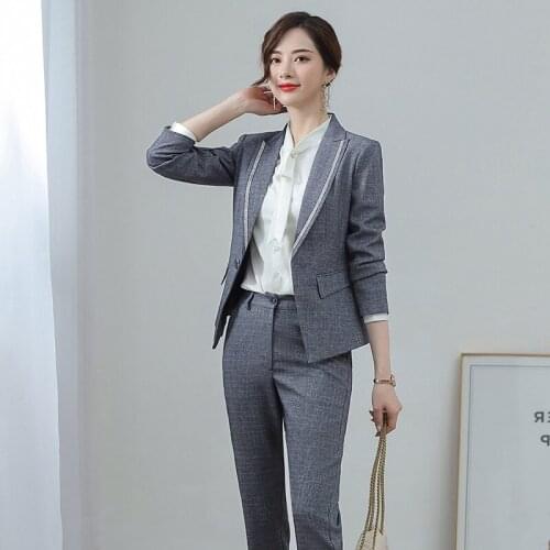IZICFLY New Style Fall women working suits for office Uniform Design Elegant Business two piece ladies pant suits plus size gray