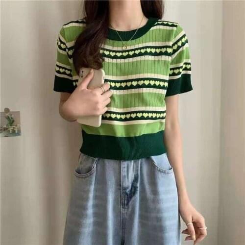 Summer Polyester Womens Sweater Round Collar Short Sleeve Pullover Knitted Love Striped Loose Green Fashion Casual Sweater