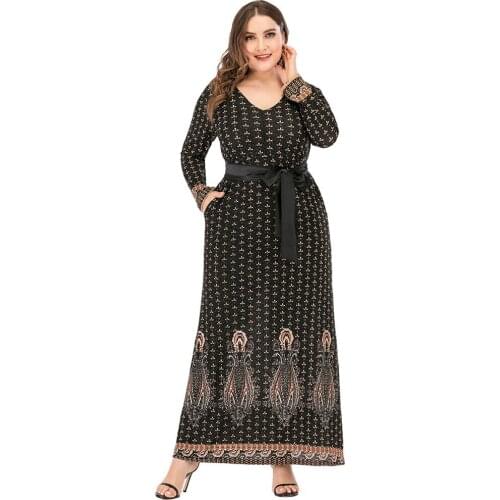 DOIB Floral Print Dress Women V Neck Full Sleeve Pocket Sashes Long Dress 2020 Autumn Vintage Long Maxi Dress XL-5XL