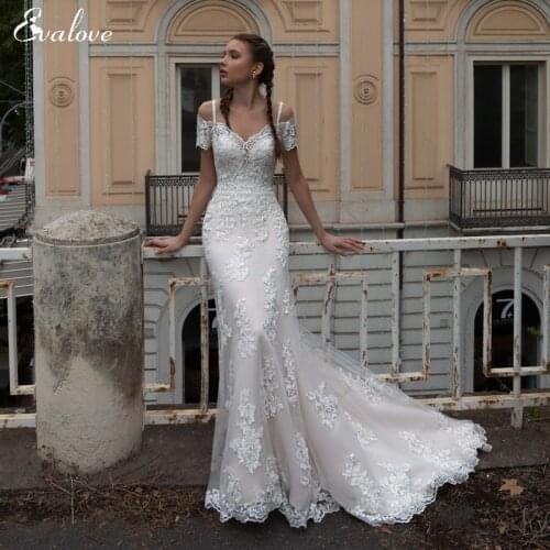EVALOVE Roamntic Sweetheart Neck Short Sleeve Mermaid Wedding Dress 2021 Sexy Spaghetti Straps Appliques Trumpet Wedding Gowns