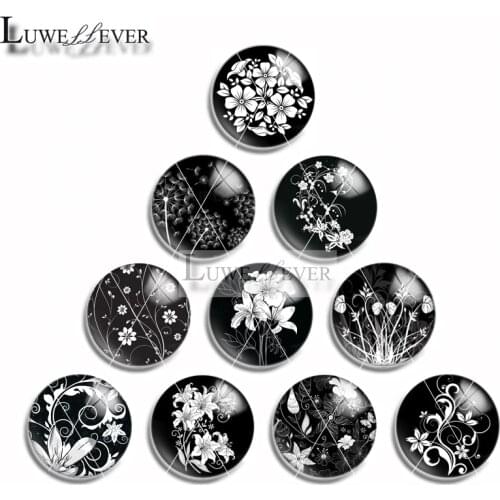 10mm 12mm 14mm 16mm 20mm 25mm 475 Black White Flower Mix Round Glass Cabochon Jewelry Finding 18mm Snap Button Charm Bracelet