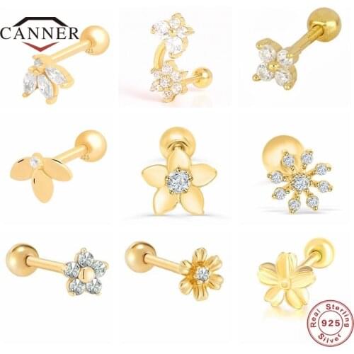 CANNER Real 925 Sterling Silver Small Flower Zircon Cartilage Stud Earrings for Women Elegant Piercing Earings Fashion Jewelry