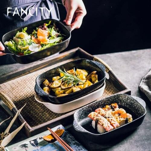 FANCITY Binaural Oven Pan Baked Rice Baking Pan Household Large Ceramic Plate Western Food Plate Salad Rice Plate Fruit Plate