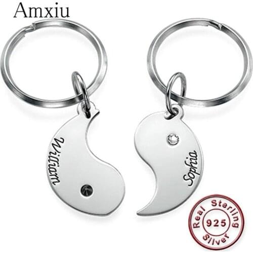 Amxiu Two Pieces 925 Silver Keychains Custom Name Keychain with Birthstone Personalized Yin Yang Lucky Key Chains For Lover Gift