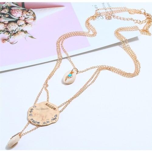 CRLEY Bohemia Gold Color Layered Necklace Shell Chain Coin Pendant Necklace Easter Days Gift For Women Statement Female Jewelry