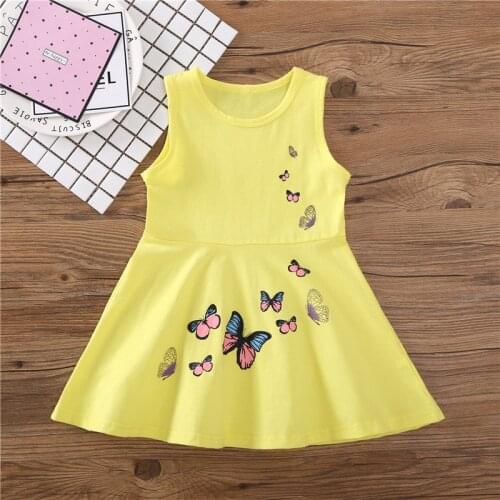 Fashion 2-6 Years Children Girls Dress Clothes Cotton Summer Girls Butterfly Print Yellow Dress Kids Girls A-Line Princess Dress