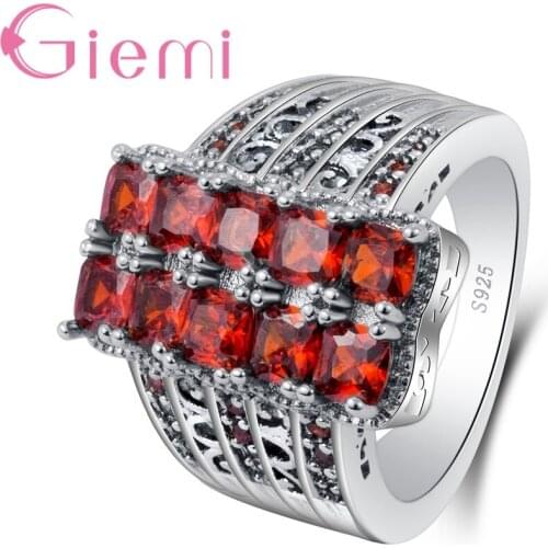 Classic Women Engagement Party Jewelry High Quality Big Rectangle Red Crystal Rings With Zirconia Stones Wide Wedding Loop