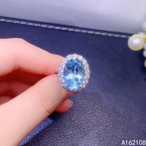 Fine Jewelry 925 Sterling Silver Inset With Natural Large Gem Womens Popular Elegant Blue Topaz Adjustable Ring Support Detecti