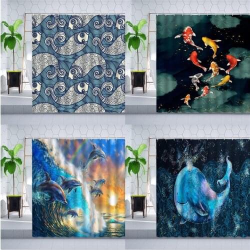 Creative Fish Koi Shower Curtain Carp Lotus Leaf Dolphin Whale Ocean Scenery Bathroom Curtains Polyester Fabric Home Decoration