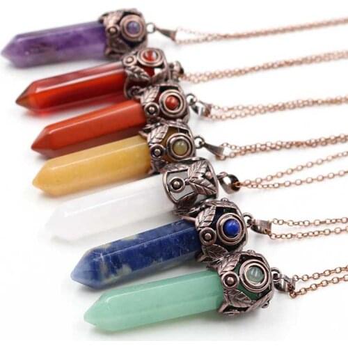 KFT Natural Chakra Stone Pendant Hexagonal Prism Quartz Crystal Healing Pendulum Stone Pendant Chain Necklace For Women Men Gift