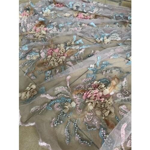 Fashion French Lace Fabric with 3D flowers and beads High Quality African Tulle Embroidered L-518688 net Lace Fabric For Wedding