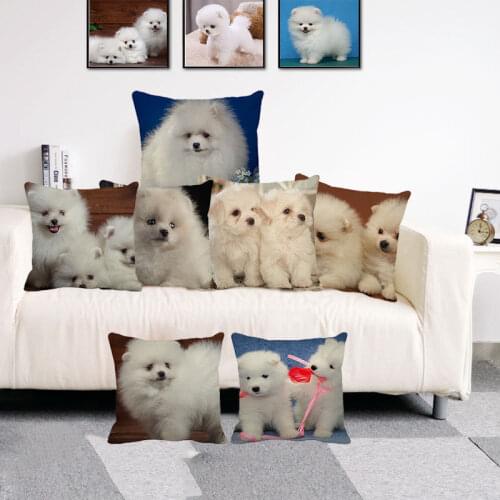 XUNYU Cute Pet Cushion Cover Pomeranian Pattern Throw Pillow Case Linen Cushion Case Sofa Bed Decorative Pillowcase 45x45cm