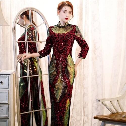 Plus Size 6XL New Sexy Velvet Beads Sequins Stage Show Cheongsam Dress Retro Chinese Slim Performance Dance Fashion Chi-pao