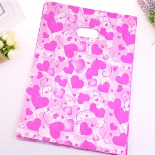 New Design Wholesale 100pcs/lot 25*35cm Fashion Hot Pink Lovely Heart Wedding Decoraction Packaging Bags Plastic Gift Bags