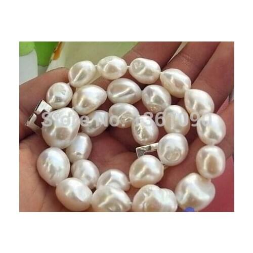 HUGE 17" 11*15MM WHITE BAROQUE FRESHWATER PEARL NECKLACE SILVER