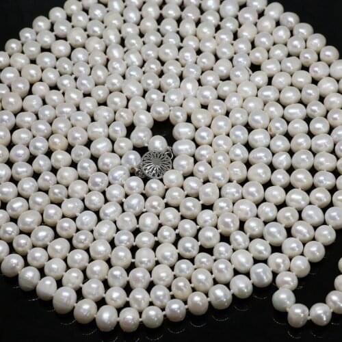 New fashion elegant women natural white pearl round beads 7-8,8-9mm long chain necklace weddings jewelry making 100inch B1463