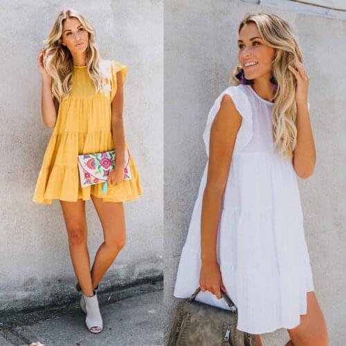 Casual Loose Cute Layered Solid Dress Cocktail Party Beach Dresses Sundress Cascading Ruffles White Mini Dress 2021 Women Summer