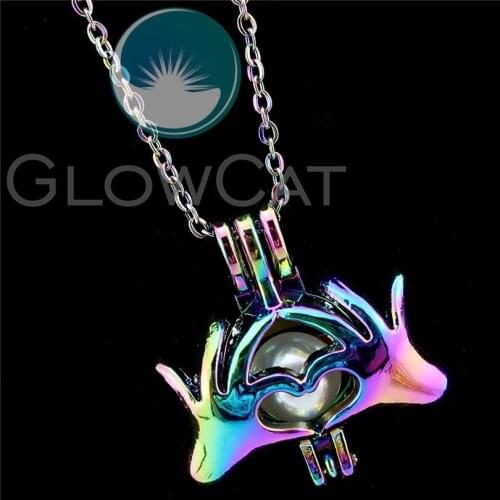 R-C905 Rainbow Color Love Hand Heart Beads Cage Pendant Perfume Diffuser Oyster Pearl Cage Locket Necklace