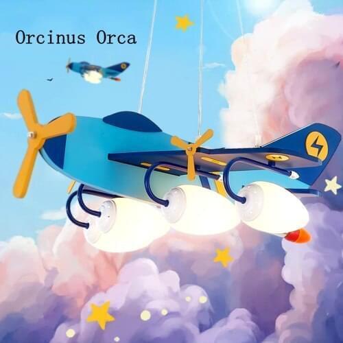 Cartoon Creative Blue Aircraft Chandelier Boys'Bedroom Childrens Room Lamp American Simple LED Solid Wood Fighter Chandelier