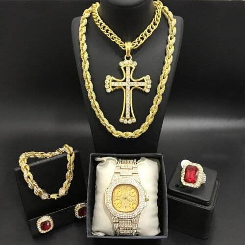 Luxury Men Gold Color Watch & Neckalce & Braclete &Ring &Earring Combo Watch Set Ice Out Cuban In Crystal Necakcle Chain For Men