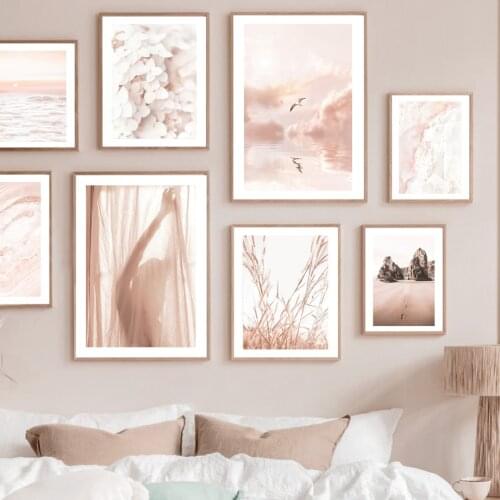 Silk Girl Over the Clouds Bird Sky Flower Pink Marble Wall Art Print Canvas Painting Nordic Poster Decor Picture For Living Room