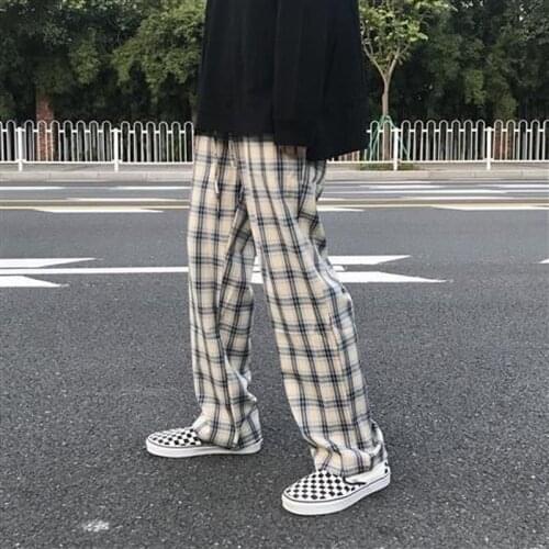 HOUZHOU Plaid Pants Men Streetwear Baggy Fashion Wide Leg Checked Trousers Men Korean Style Summer Loose Casual Harajuku