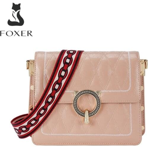 FOXER Korean Girls Crossbody Bag Two Adjustable Shoulder Strap Womens Cow Leather Fashion Messenger Bag Small Shoulder Bags