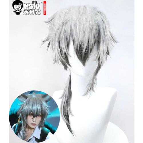 HSIU SilverAsh Cosplay wig,Game Arknights Wig,Silver White short hair,Cosplay boy Wig,Silver Grey Ear Hair Accessories