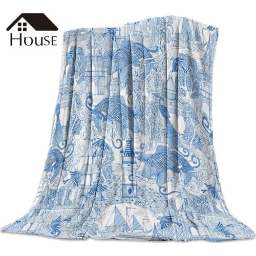 Chinoiserie Toile Blue Printed Nap Blanket Soft Comfortable Velvet Plush Flower Blankets Warm Sofa Bed Sheets