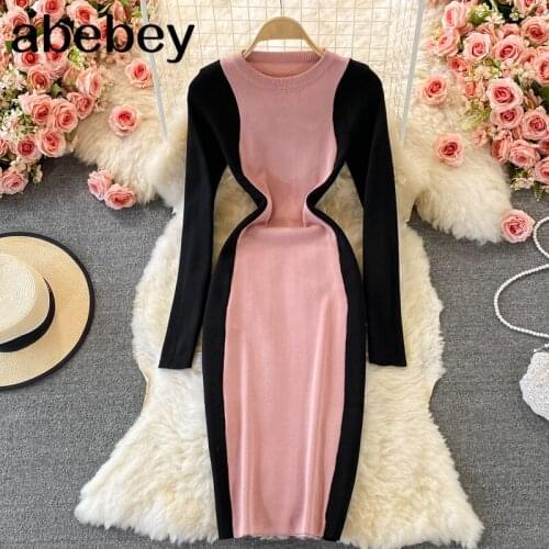 2021 New Spring Autumn Fashion O-neck long sleeve knitted Dress hit color patchwork high waist elastic mid-long wrap Dress