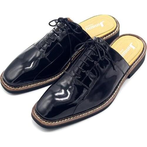 Fashion Square toe Men Slippers Genuine leather High Top Lace up Casual Shoes outdoor shoes Classics Black Mens slippers