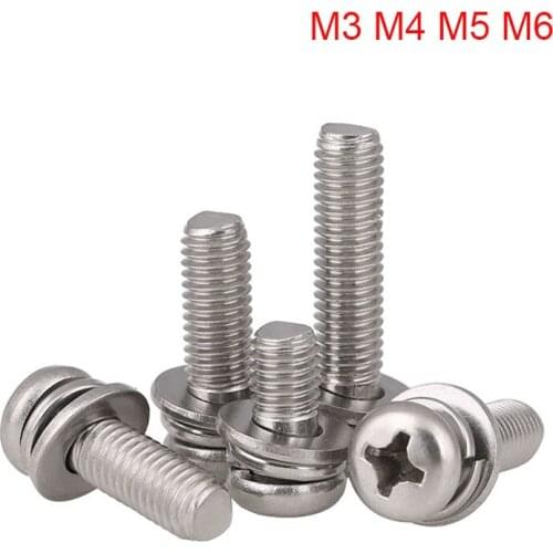 10Pcs 316 Stainless Steel Round Head Three Combination Screw M3 M4 M5 M6 Cross Pan Head Screws