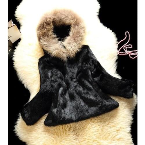 New womens Real genuine natural rabbit fur coat with raccoon fur hood girls fashion jacket warm winter outwear