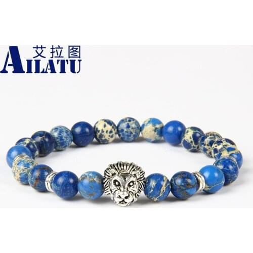 Ailatu New Design Wonderful Silver Color Lion Head 8mm Blue Sea Sediment Stone Beads Bracelet