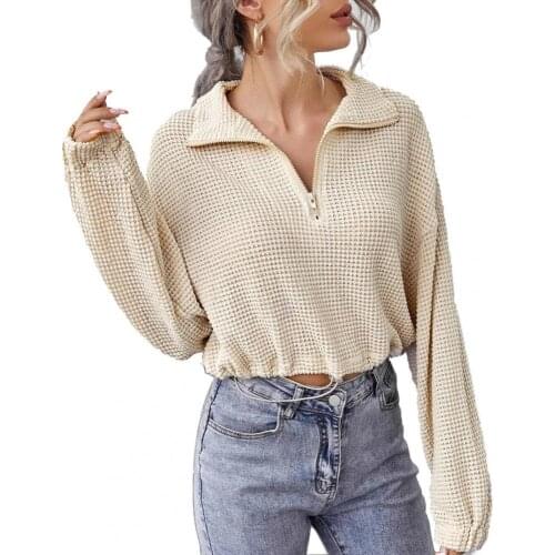 2021 New Cropped Pullover Knitted Solid Color Women Lapel Drawstring Waist Tied Shirt Sweater Streetwear Sexy And Charming