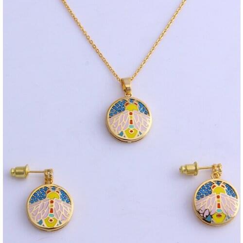 Vintage Ethnic Colorful Enamel Bee Jewelry Set Womens Elegant Pendant Necklace Earrings Anniversary Gift