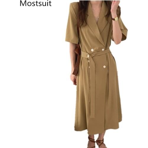 Korean Workwear Women Suit Dress Short Sleeve Notched Collar Belted Long Dresses Office Ladies Fashion Vestidos Femme 2021
