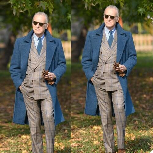 Winter Warm Long Overcoat Streetwear Woolen Mens Thick Plus Double-Breasted Solid Blue Coat Casual Fashion Jacket