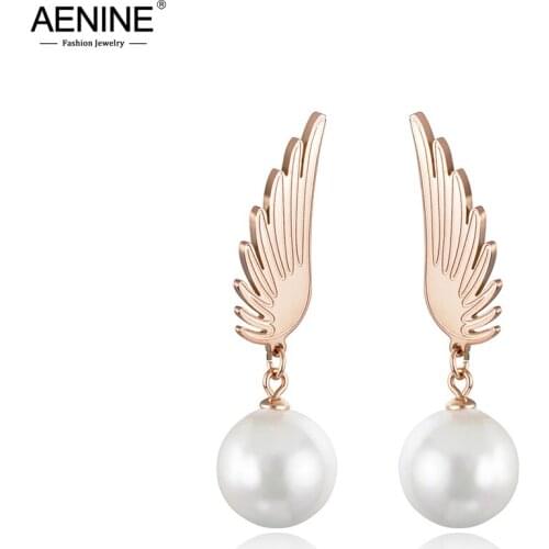AENINE Vintage Titanium Steel Angel Wings Earrings Jewelry Trendy Rose Gold Simulated Pearl Stud Earrings For Women AE18035