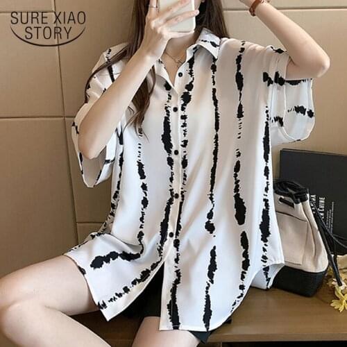 Casual Plus Size Women Shirts 2021 Summer Short Sleeve Chiffon Blouse Women Tops Button Striped Female Clothing Blusas 13504