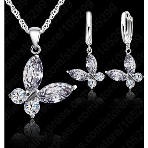 Fast Shipping Crystal Butterfly With Female Fashion Short Chain Pendants Necklace+Earrings Jewelry Set For Women